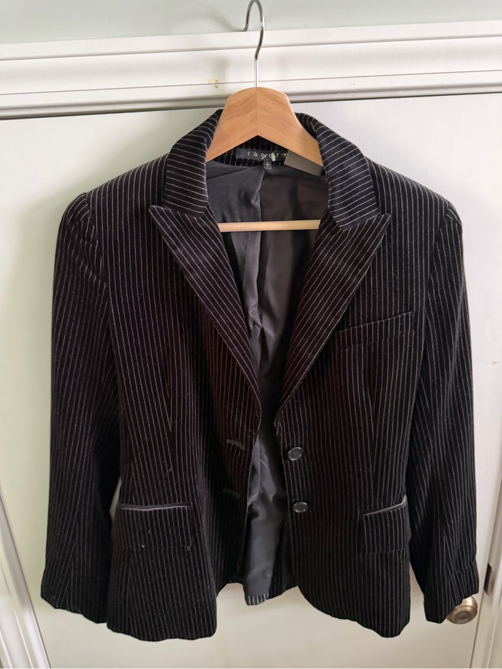 Theory Classic Black Pinstripe Velvet Blazer